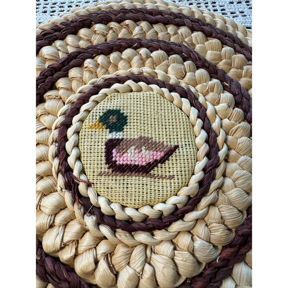 Vintage 12” Rattan Trivet Hot Pad Woven Raffia Pot Cross Stitch Duck Wall Art - Picture 2 of 7